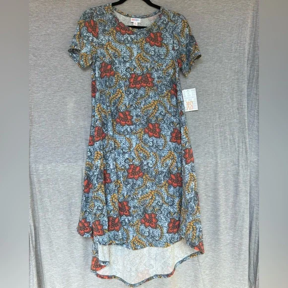 Brand New LuLaRoe XS Grey-Blue with Orange, Black & Goldenrod Floral Carly Dress - Picture 1 of 8